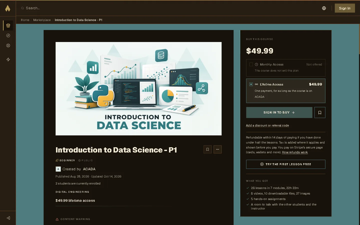 A course's page: description, skills, curriculum and the buy box
