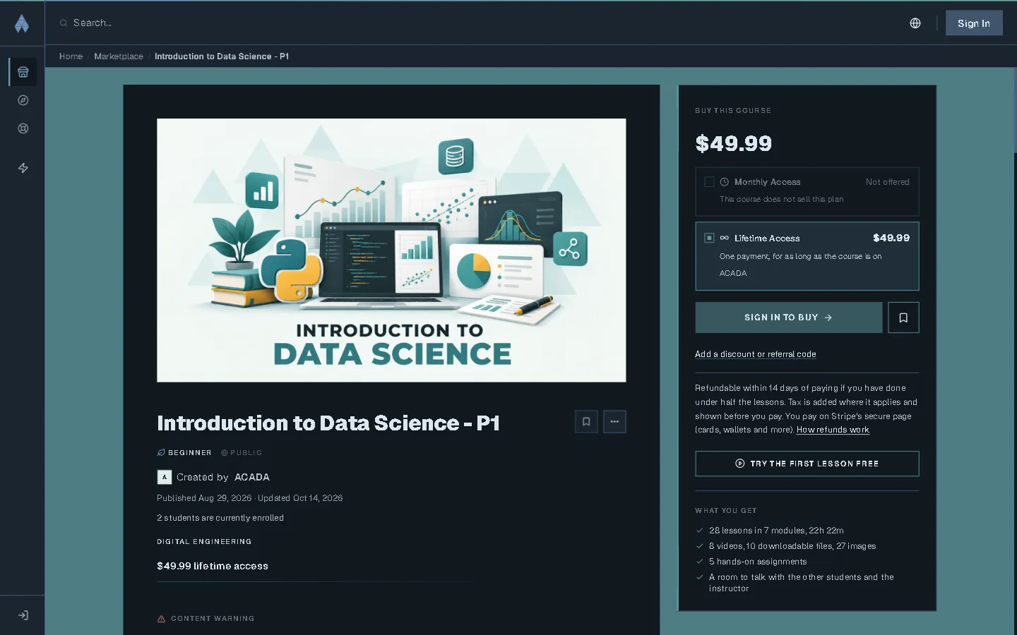 A course's page: description, skills, curriculum and the buy box