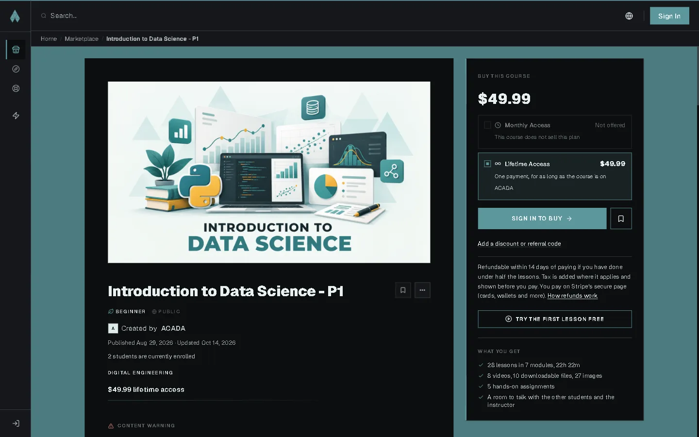 A course's page: description, skills, curriculum and the buy box