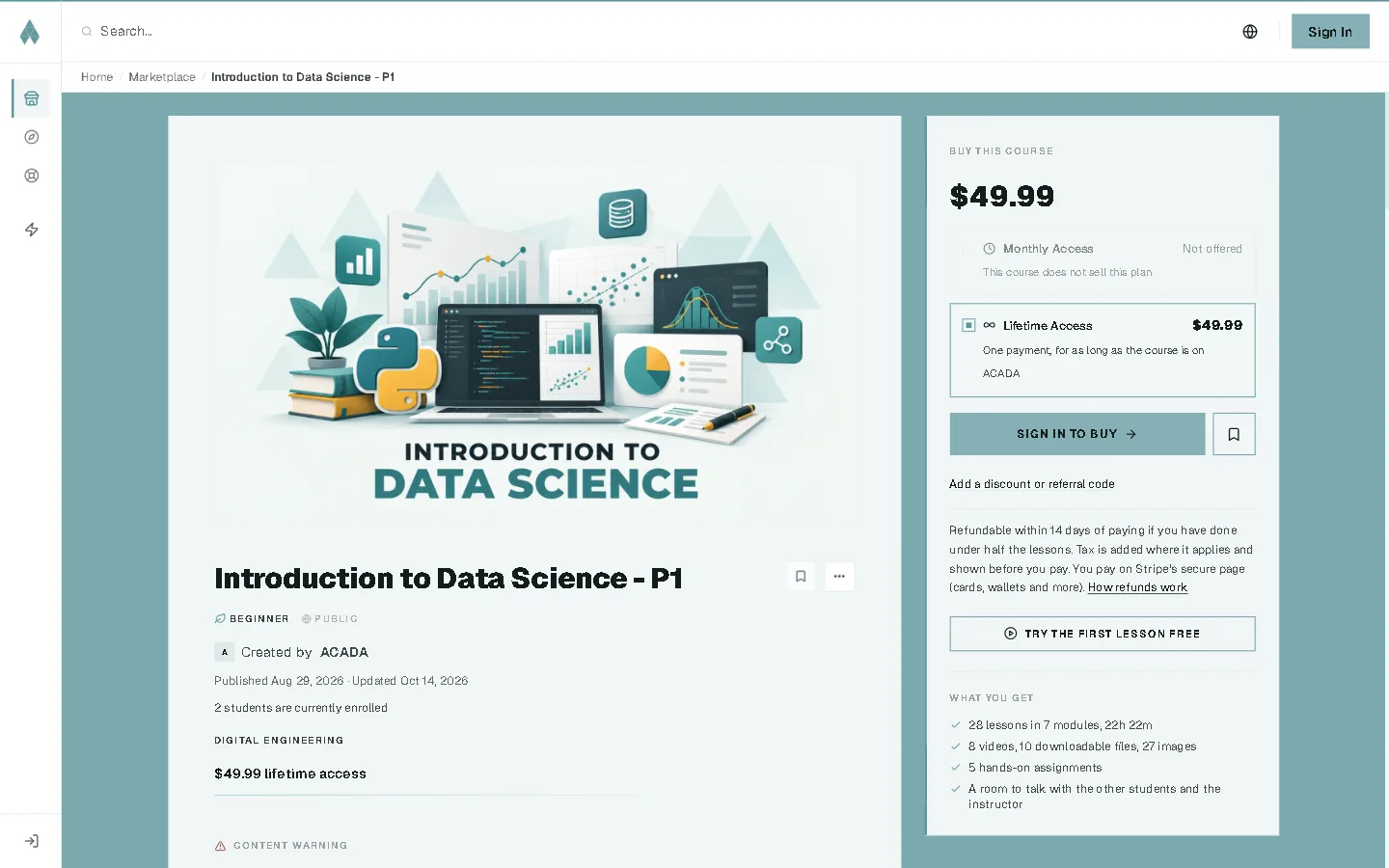 A course's page: description, skills, curriculum and the buy box