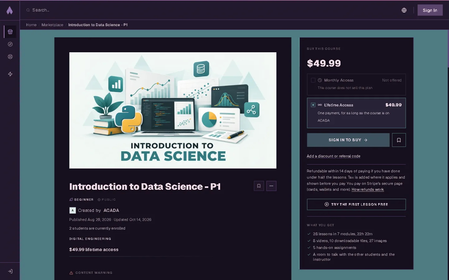A course's page: description, skills, curriculum and the buy box