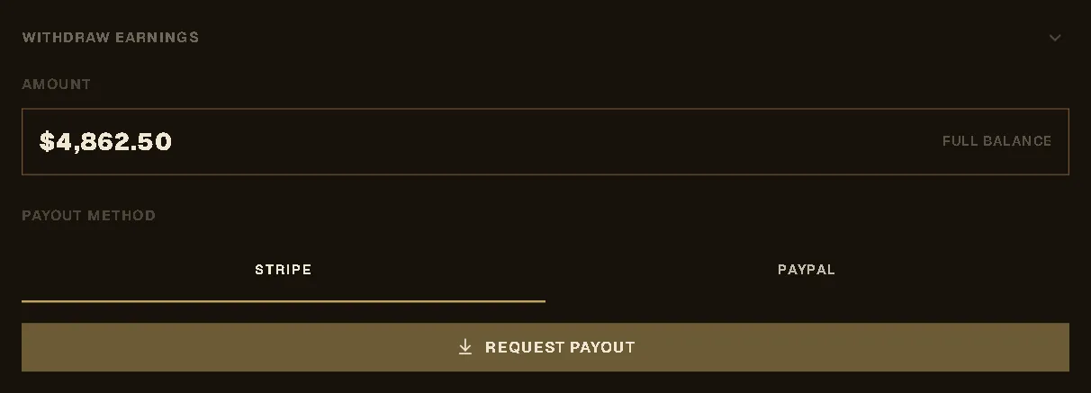 Withdraw Earnings: a balance of $4,862.50 ready to pay out to Stripe or PayPal