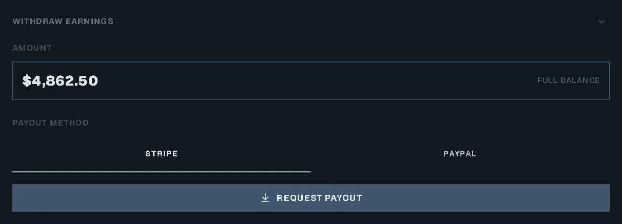 Withdraw Earnings: a balance of $4,862.50 ready to pay out to Stripe or PayPal