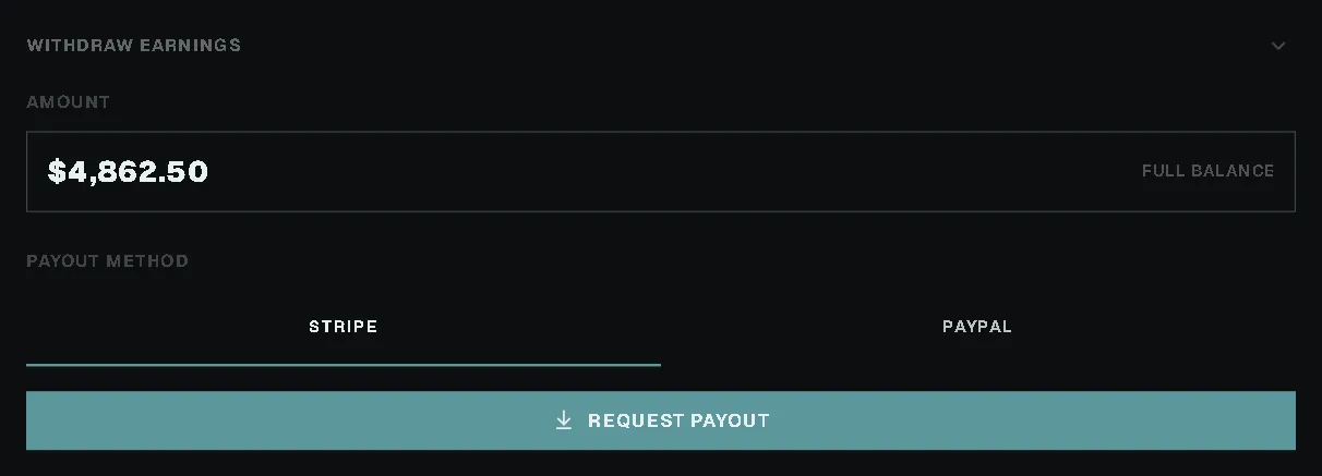 Withdraw Earnings: a balance of $4,862.50 ready to pay out to Stripe or PayPal