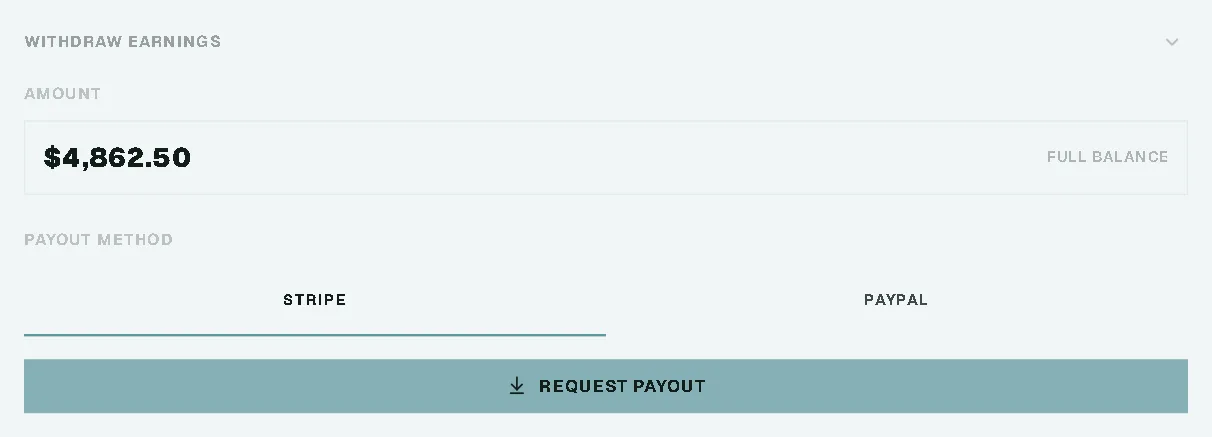 Withdraw Earnings: a balance of $4,862.50 ready to pay out to Stripe or PayPal
