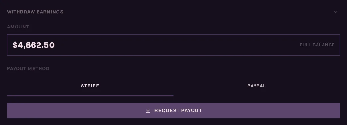 Withdraw Earnings: a balance of $4,862.50 ready to pay out to Stripe or PayPal