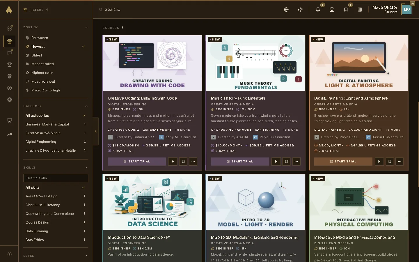 The marketplace's course grid, with filters by category and skill