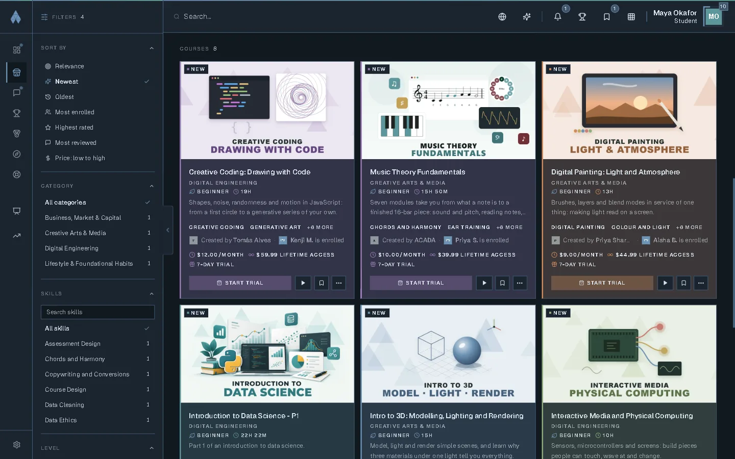 The marketplace's course grid, with filters by category and skill