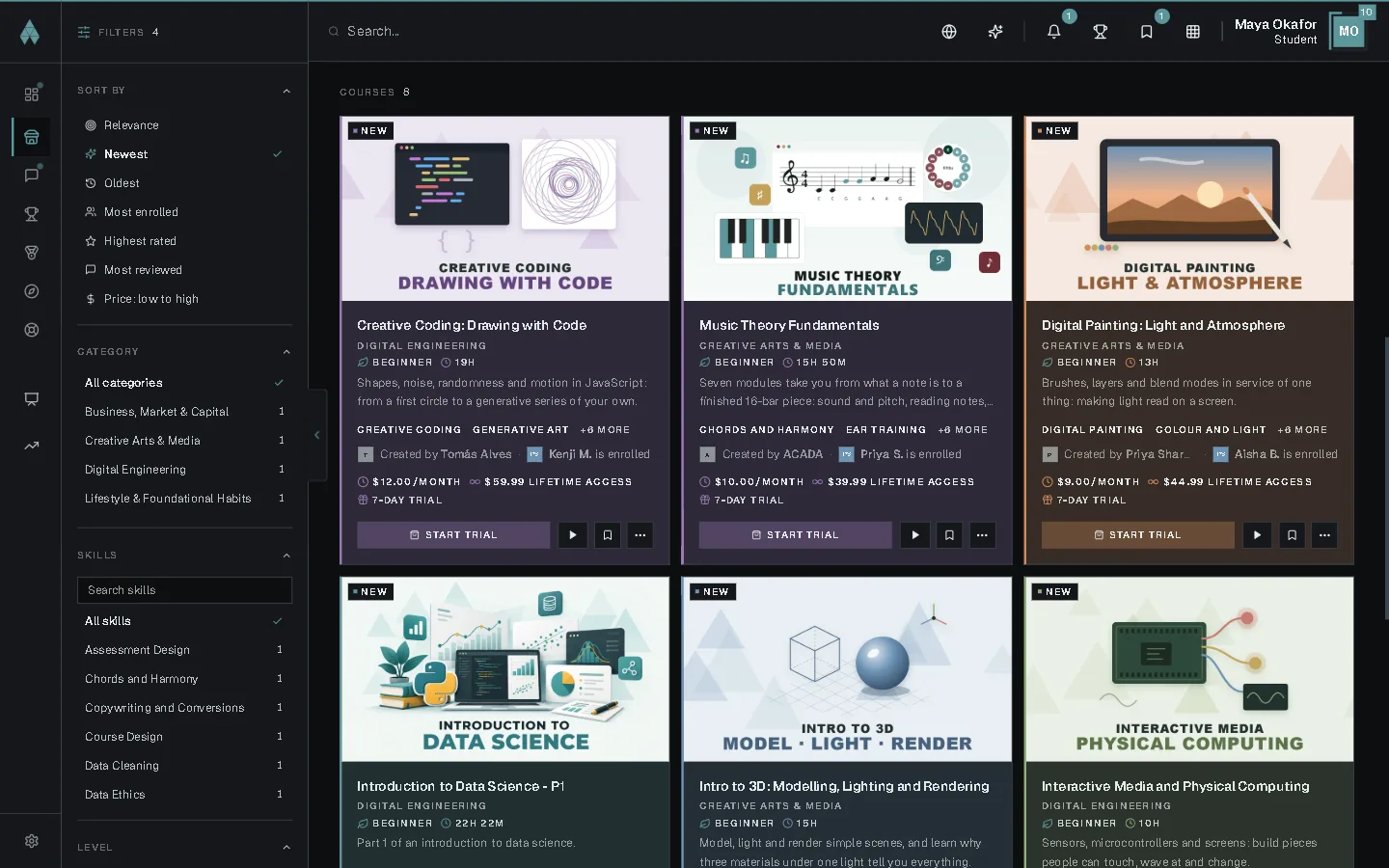 The marketplace's course grid, with filters by category and skill