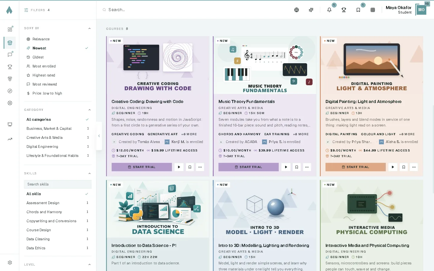 The marketplace's course grid, with filters by category and skill