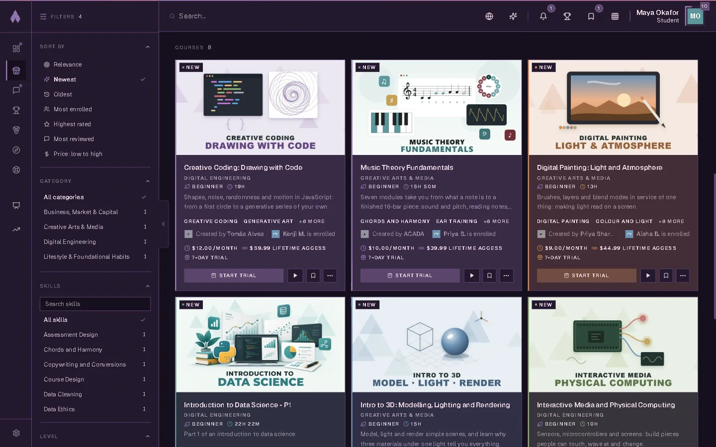 The marketplace's course grid, with filters by category and skill